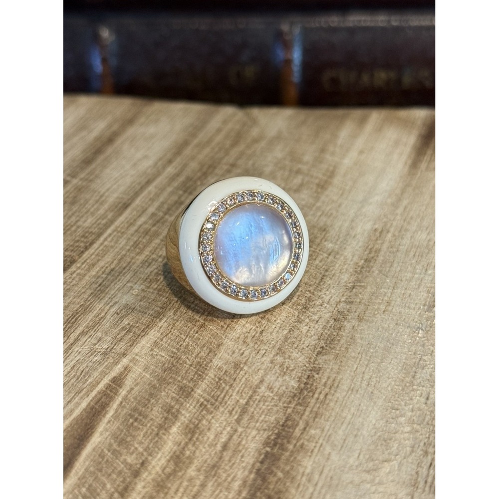Statement Moonstone Style Cabochon Ring White Enamel Halo Gold Tone‎